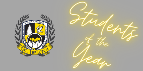 this image says students of the year in yellow against a gray background and the district logo