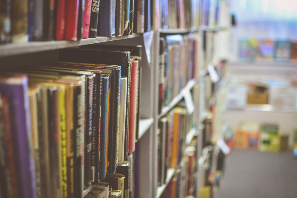 A closeup shot down a row of library books.