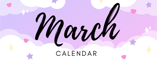 this is an image of a purple background with white clouds that says march calendar