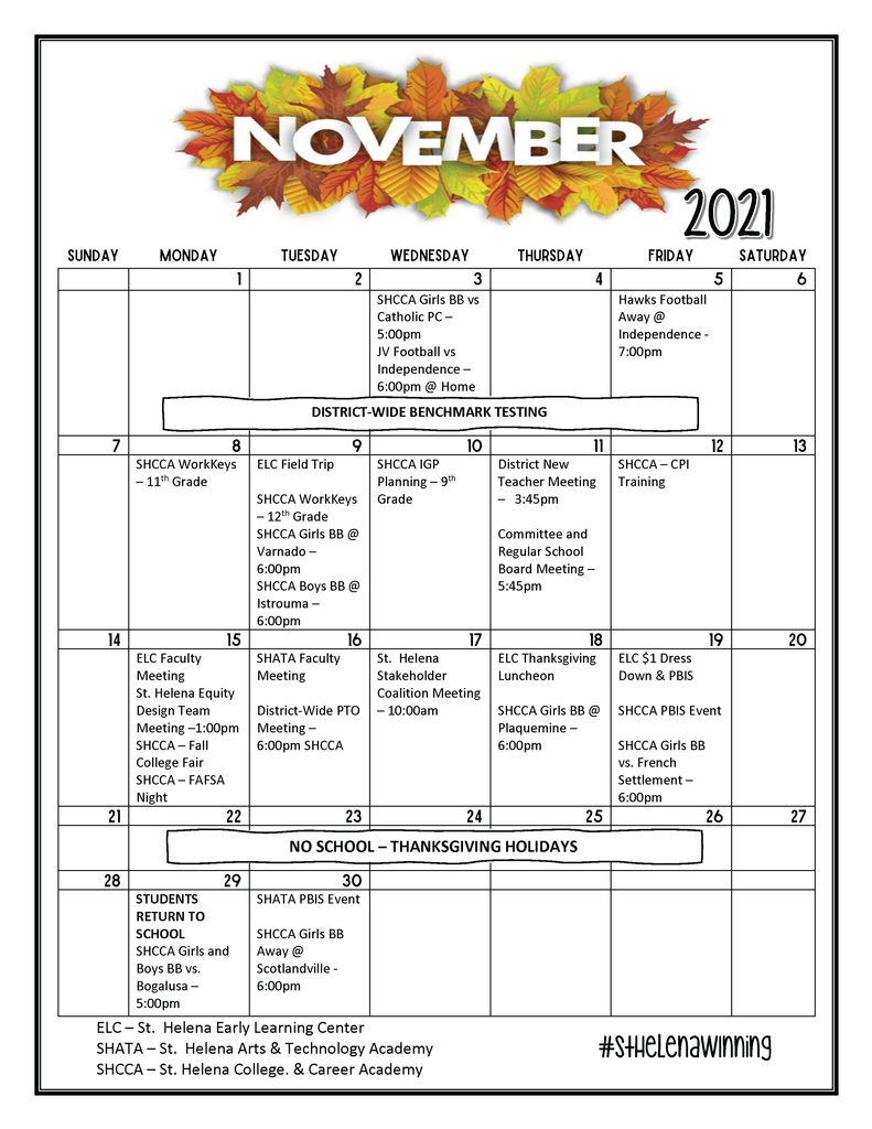 November 2021 District Calendar of Events