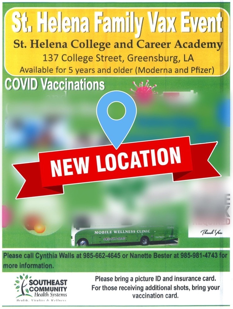 new location for family vaccination event is SHATA from 10am-1pm