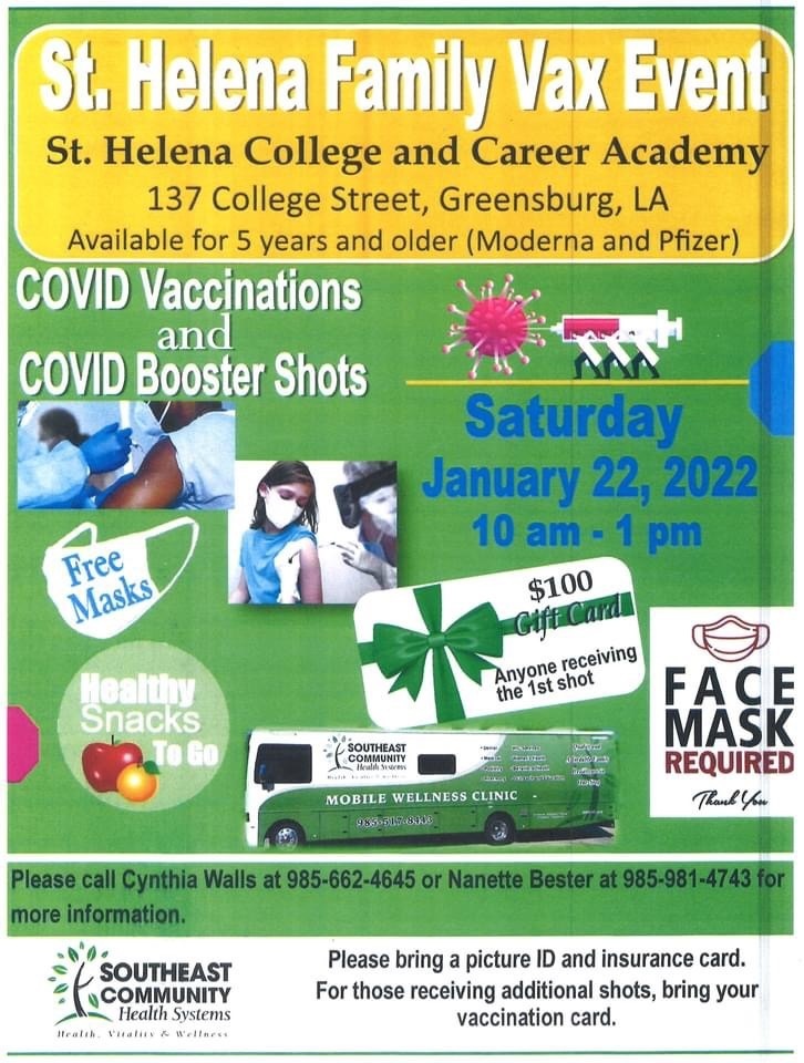 family vaccination event on Saturday January 22 from 10am to 1pm